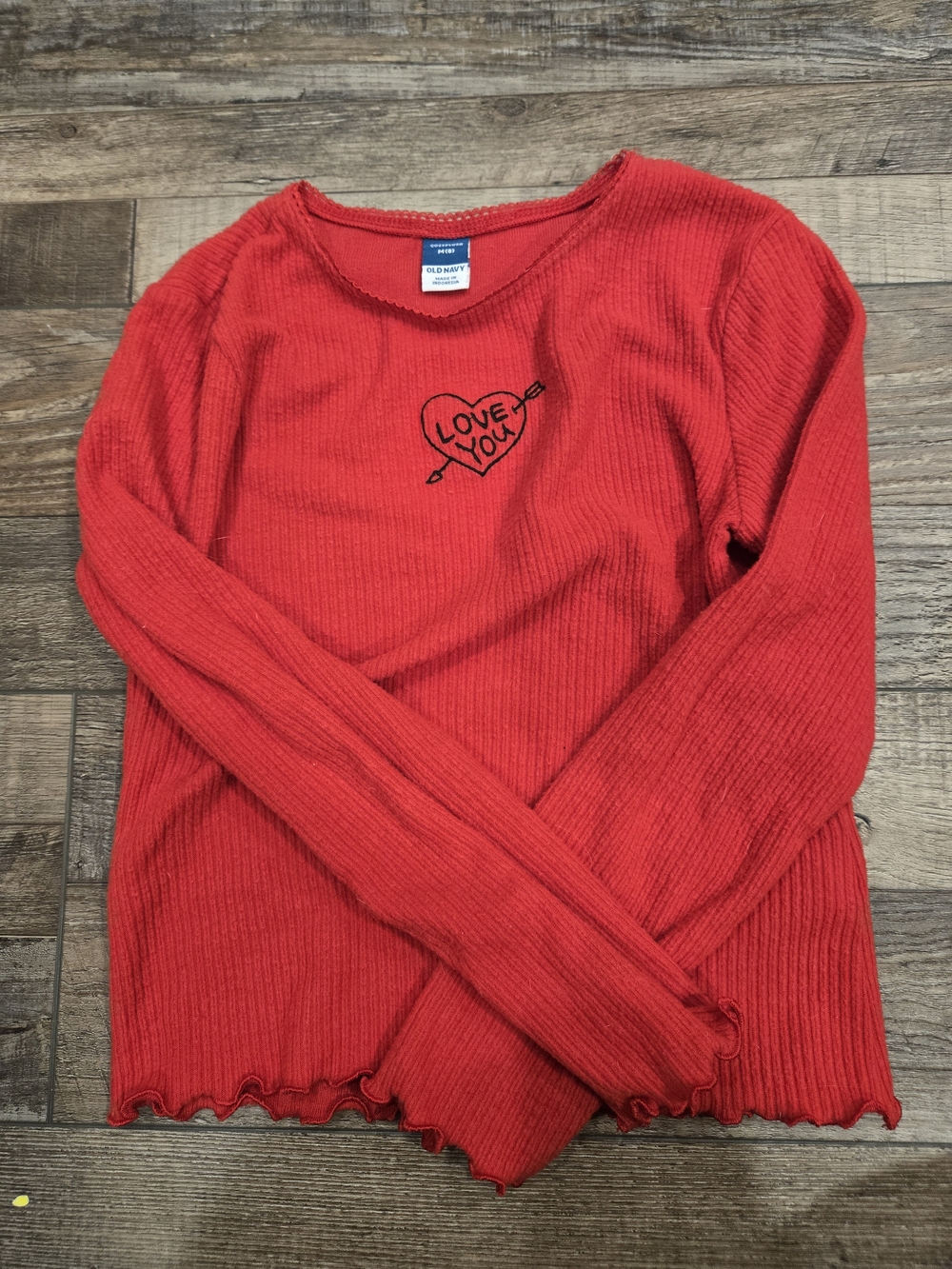 Old Navy Red Ribbed Long Sleeve Top with Heart Embroidery